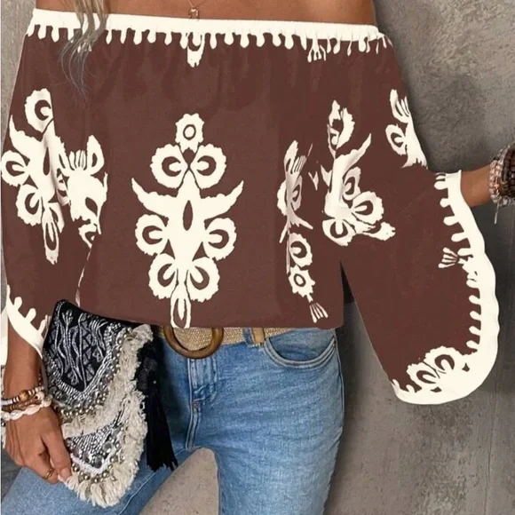 Brown and White Off-Shoulder Women's Top last one - Picture 4 of 4